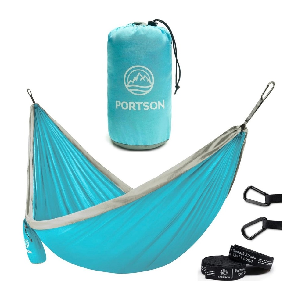 Portson Portable Camping Hammock Blue 210T Nylon with 10ft Tree Straps 500lb Cap